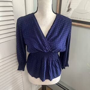 Harve Benard Top Womens Medium Blue Polka Dot Smocked Waist Retro Y2K Babydoll